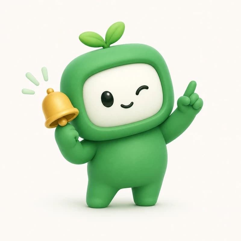 Mascot pointing up while holding a small gold notification bell