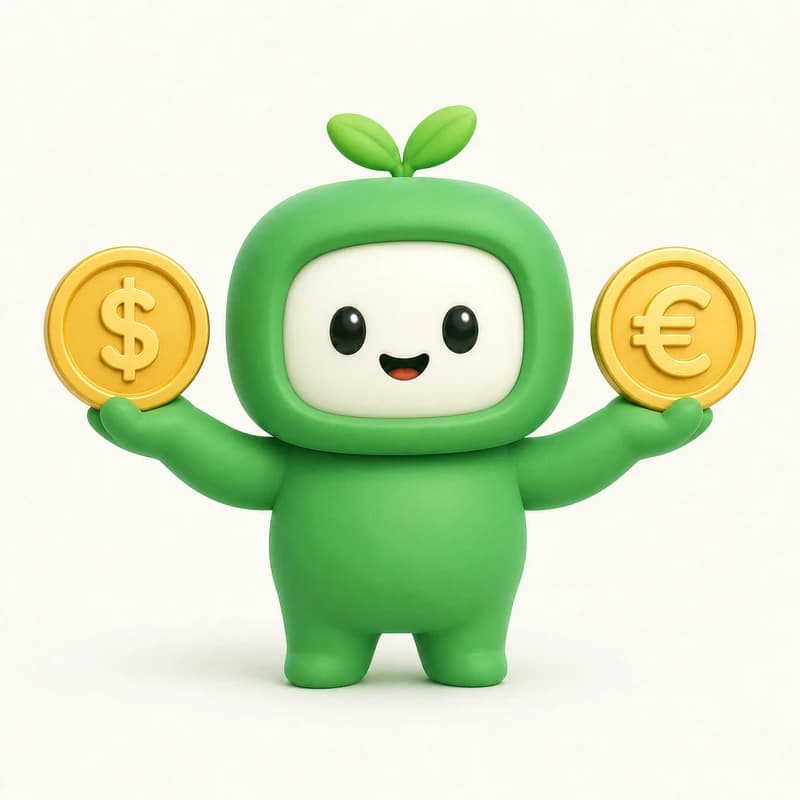 Mascot holding a dollar coin in one hand and a euro coin in the other