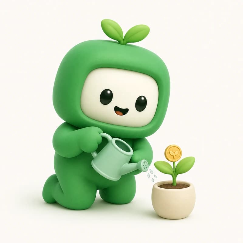Mascot watering a small sprout that grows a gold coin