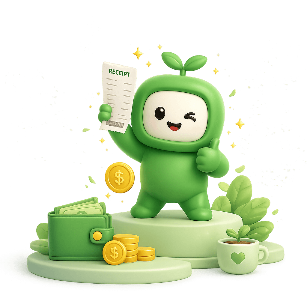 The moniya mascot winking and holding up a receipt beside a wallet, gold coins, and a sprouting mug
