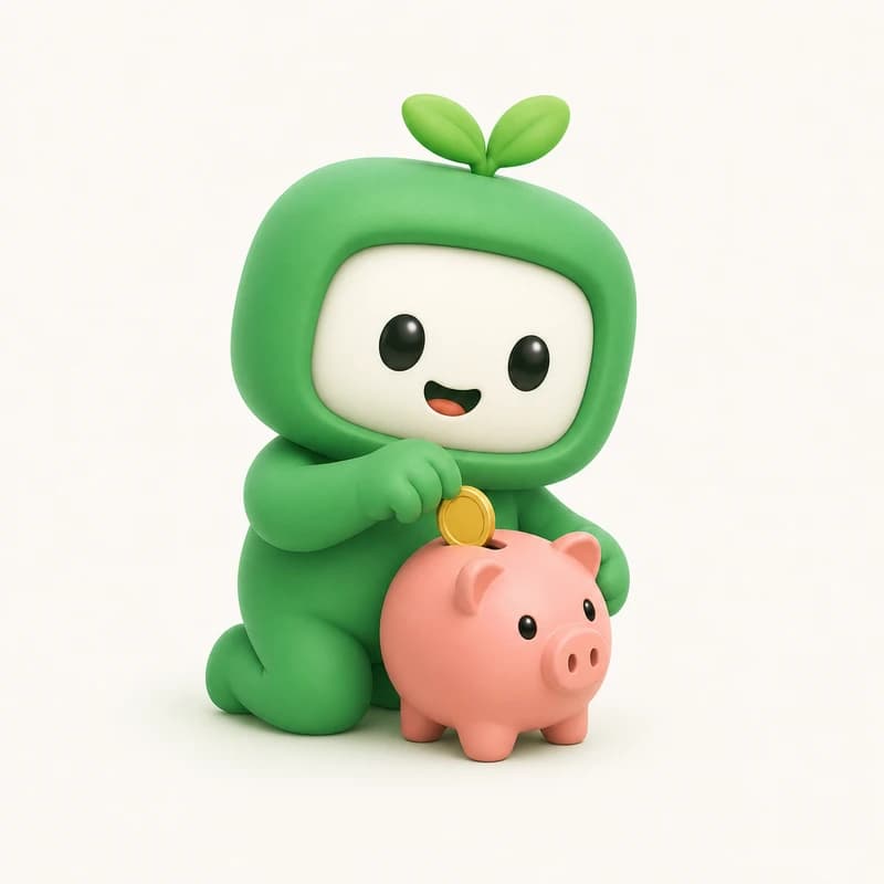 Mascot dropping a gold coin into a coral piggy bank