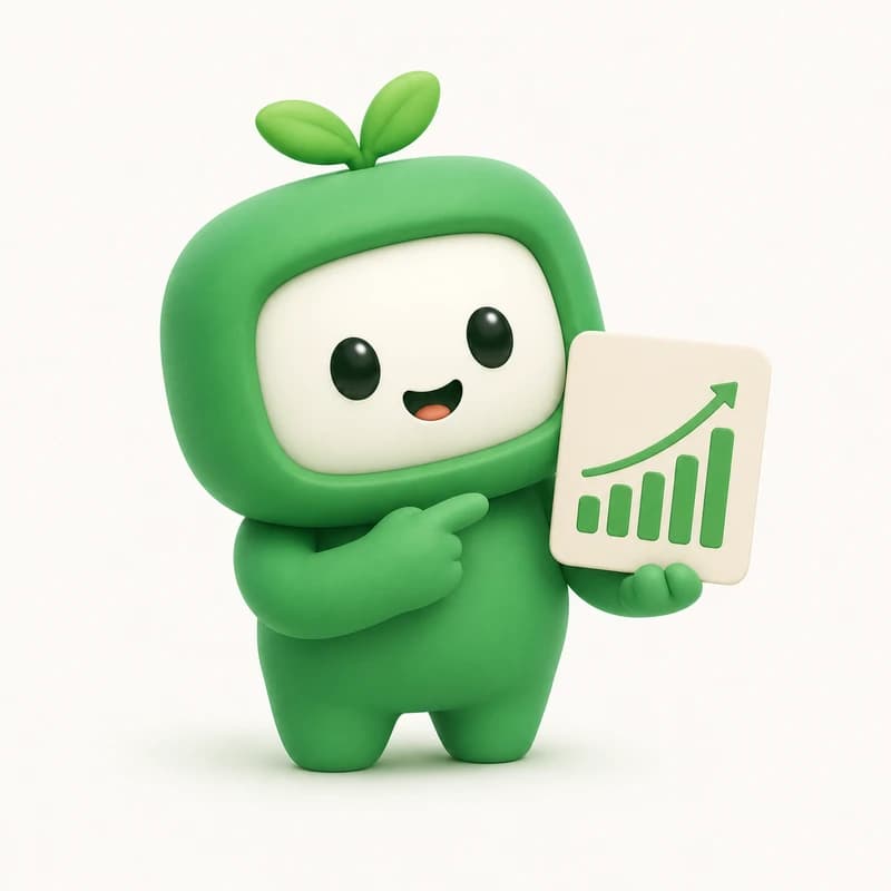 Mascot presenting a card with a rising bar chart