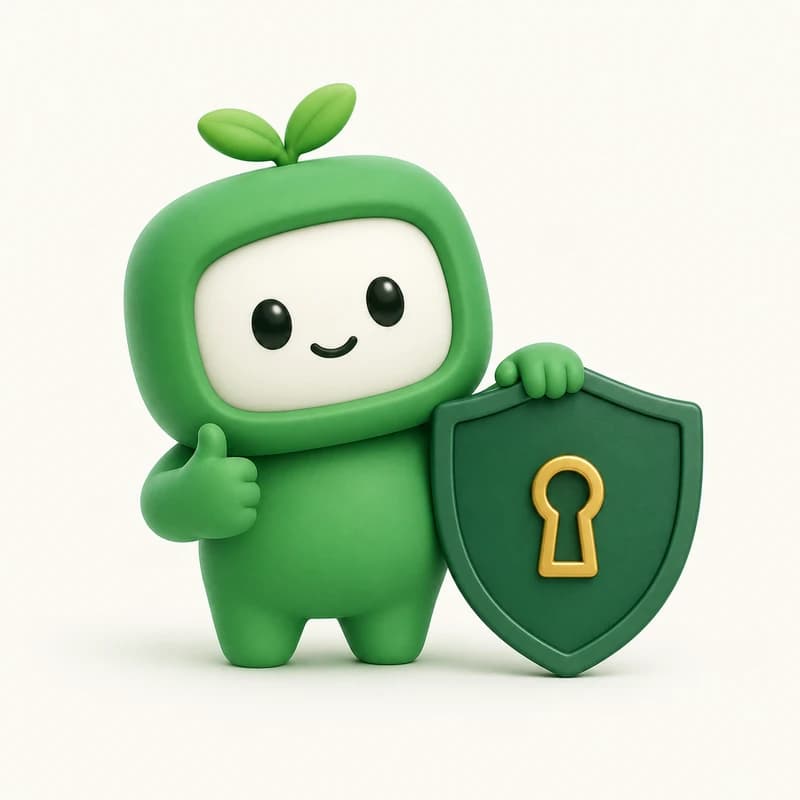 Mascot giving a thumbs-up next to a green shield