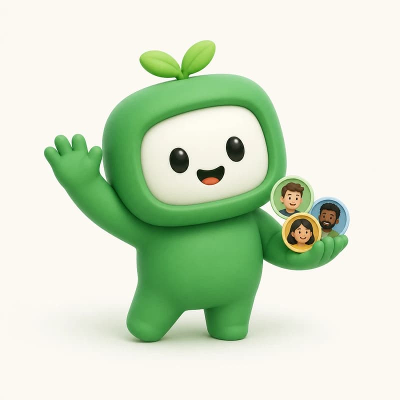 Mascot waving hello while holding three small friend portraits